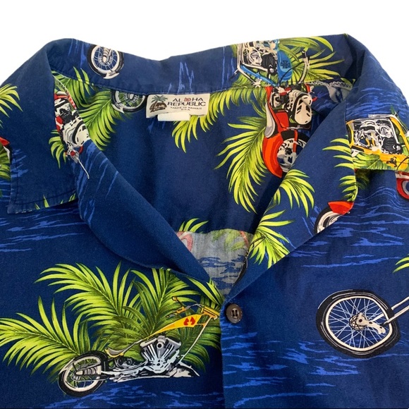 Aloha Republic Hawaiian Motorcycle Palm Graphic Button Down Shirt Men’s Sz XXL - Picture 3 of 5